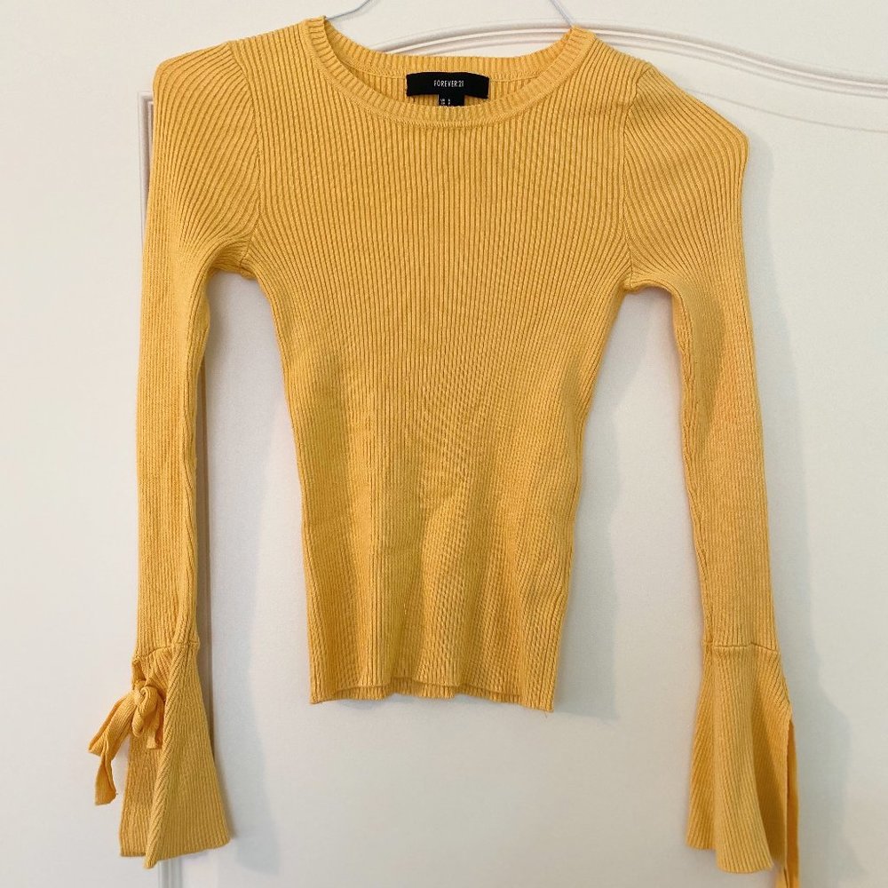 Forever 21 Yellow Ribbed Shirt with Tied Sleeves